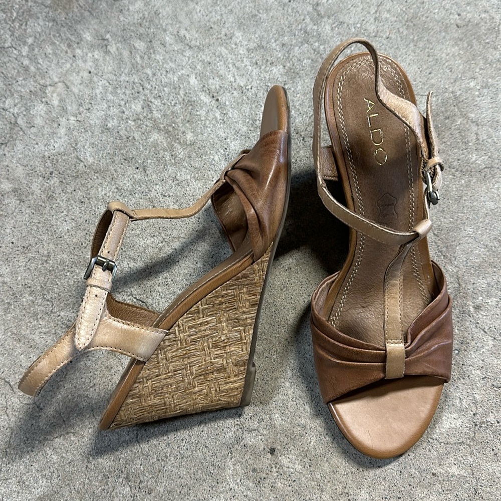 Aldo “Stralsund” Wedge Heel Sandals Brown Leather Size 8 PreOwned